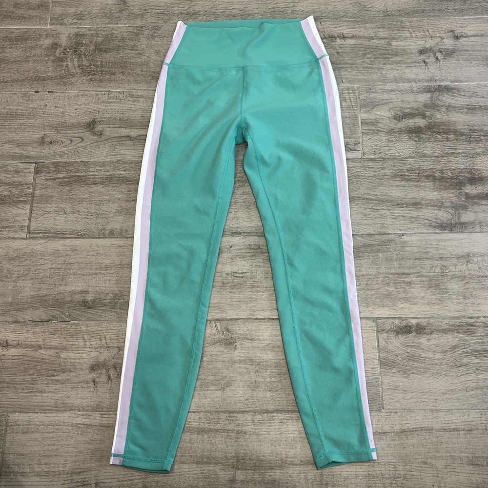 Wilo Women's Green Ribbed High Waisted Purple & White Striped Leggings Sz Small